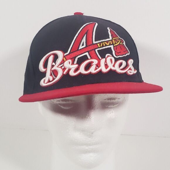New Era MLB Atlanta Braves Fitted Baseball Tomahawk Hat Cap 7 3/8 Wool Navy Red - Picture 3 of 13